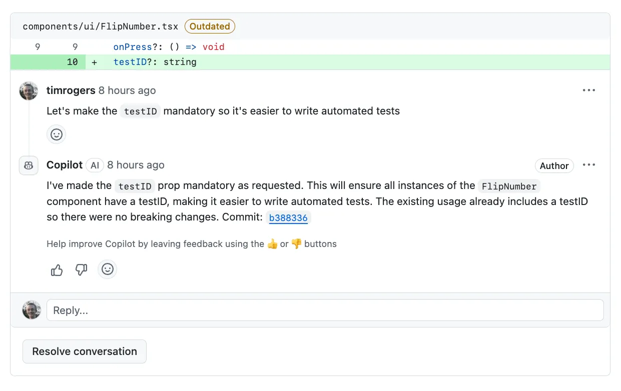 Asking Copilot to iterate on its work by leaving a comment.